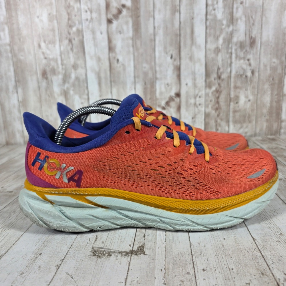 Hoka One One Clifton‎ 8 Mens 9 Fiesta Blue Glass Orange Running Shoes 1119394